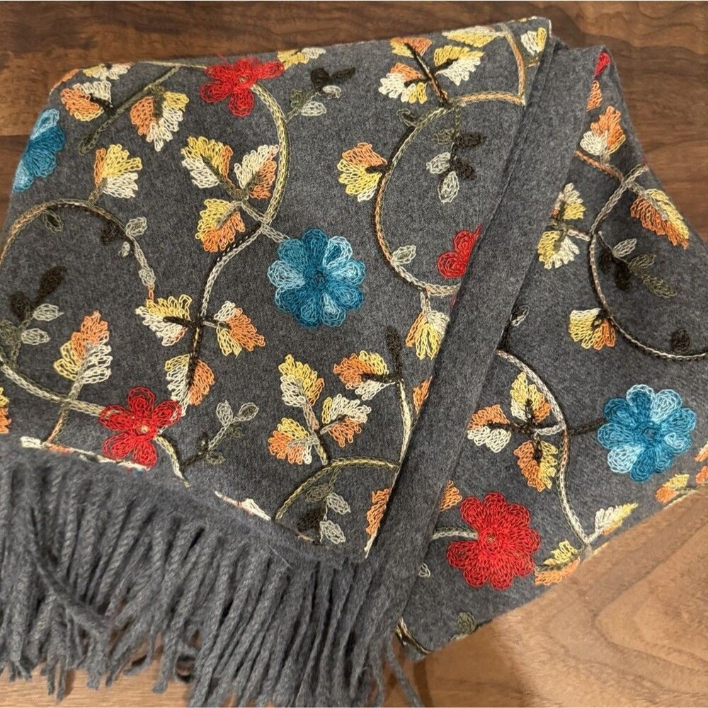 Embroidered Grey Extra Large Wool Blend Travel Scarf or Throw.  Coastal Granny